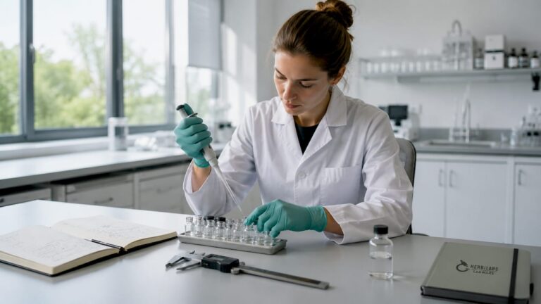 Eine Labormitarbeiterin bereitet Lösungen mit Benzylalkohol für Experimente vor.