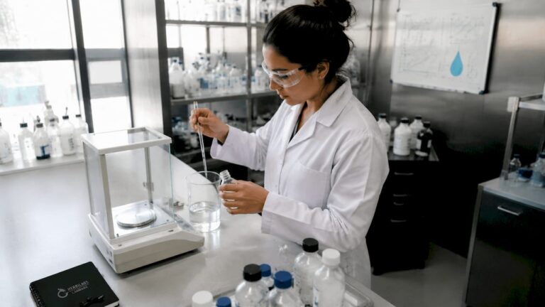 Investigadora elaborando una solución salina isotónica en el laboratorio.
