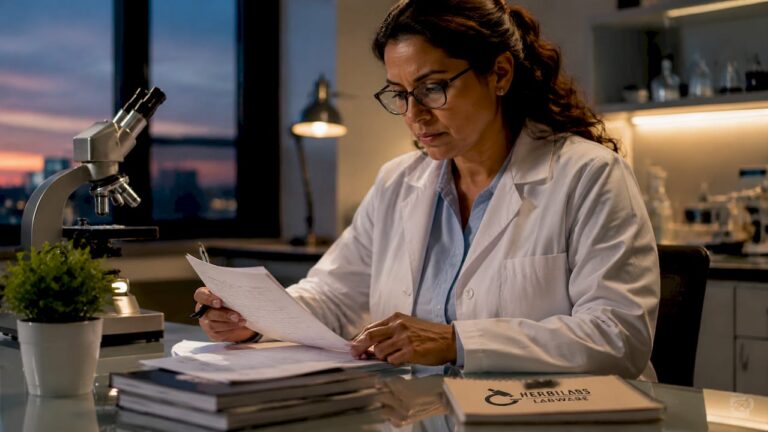 Laboratory auditor reviewing checklist at table