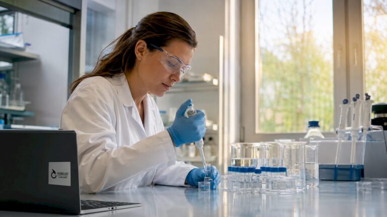 Ein Labormitarbeiter untersucht sterile Wasserproben unter kontrollierten Bedingungen.
