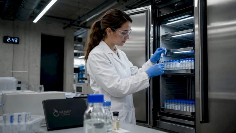 Un técnico de laboratorio guarda cuidadosamente los viales de péptidos en la nevera para asegurar su conservación.
