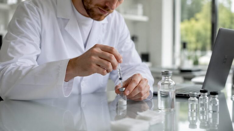 Un chercheur en pleine préparation de peptides dans son laboratoire