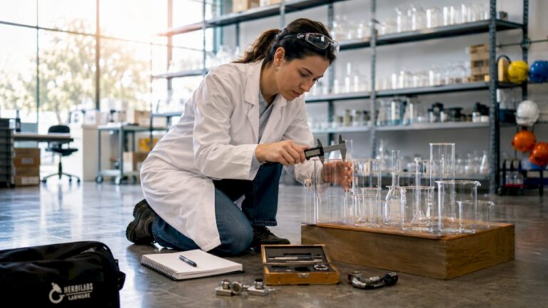 Specialist inspecting lab glassware in factory
