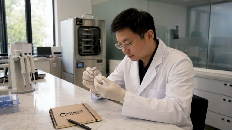 Chercheur en laboratoire manipulant un peptide sous forme lyophilisée