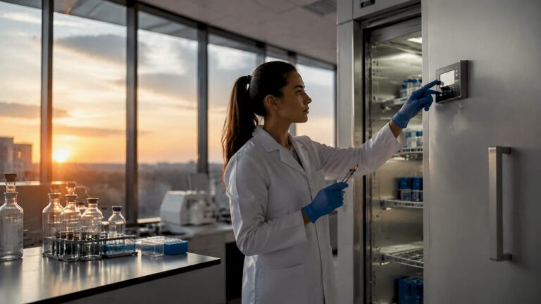 La técnica está manipulando un reactivo dentro del refrigerador del laboratorio.