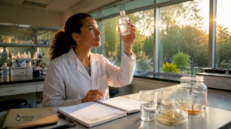 Lab technician analyzing water sample in microbial lab