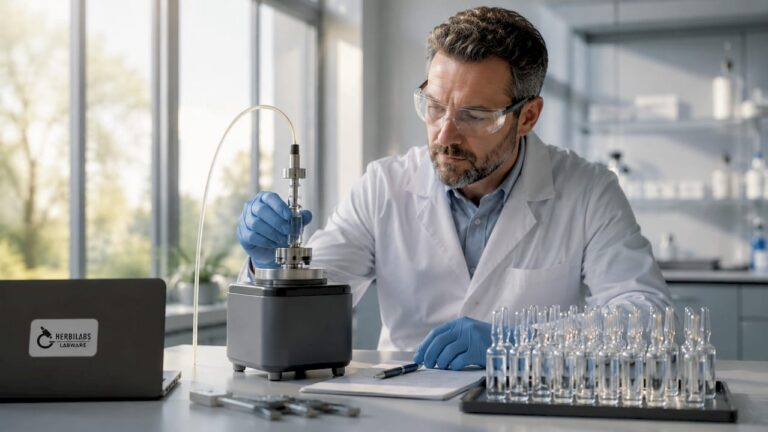 Ein Industrietechniker überprüft sorgfältig Fläschchen auf ihre Qualität.
