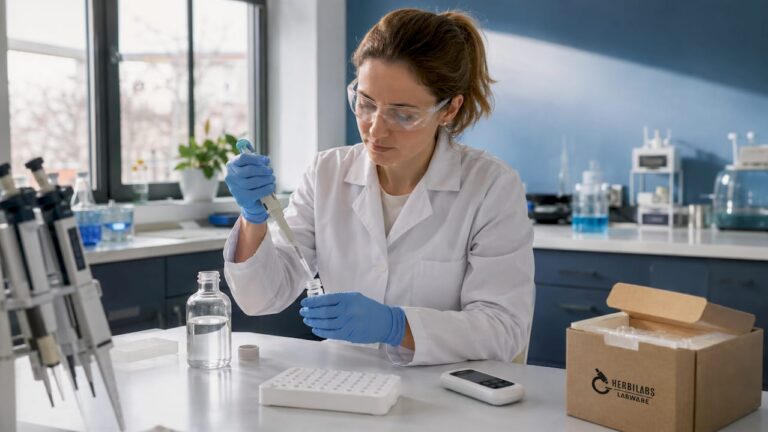 Eine Wissenschaftlerin bereitet im Labor eine sterile Wasserlösung vor.
