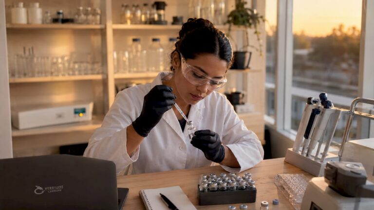Investigadora preparando una solución de péptidos en el laboratorio