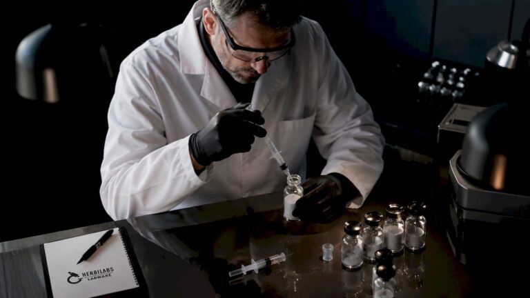 Une chercheuse s'apprête à réaliser une synthèse de peptides dans son laboratoire.