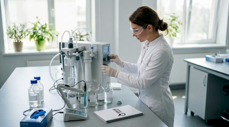 Scientist operating water purification system in lab