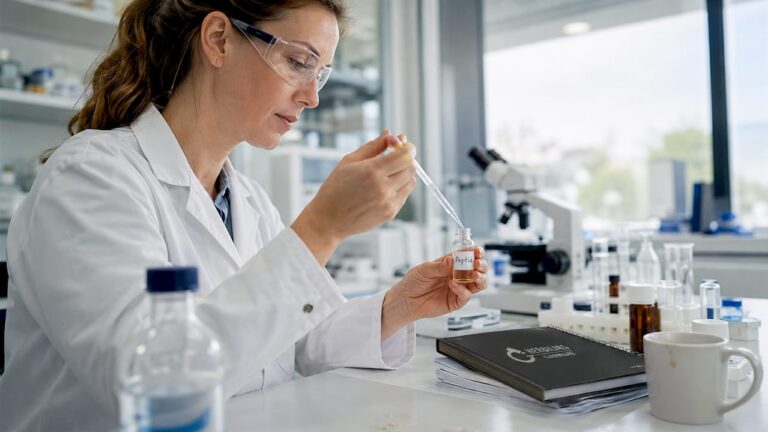 Eine Wissenschaftlerin entnimmt im Labor Proben zur Peptid-Analyse.