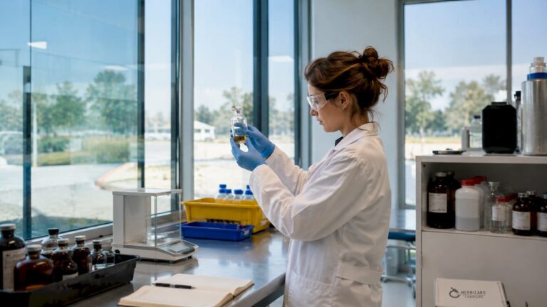 Chercheur en laboratoire manipulant une substance particulièrement réactive avec la plus grande précaution.