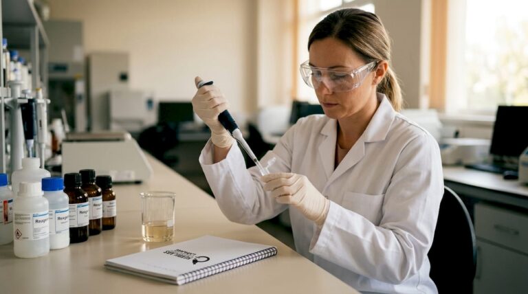 Scientist pipetting endotoxin-free solution in lab