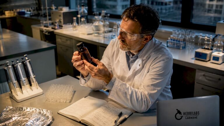 Im Labor kontrolliert ein Chemiker eine vor Licht geschützte Flasche mit Peptiden.