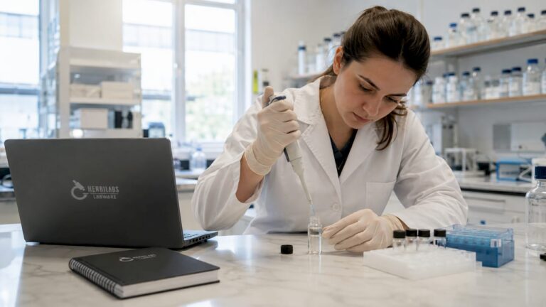 Técnico de laboratorio llevando a cabo la preparación de soluciones bajo condiciones asépticas.