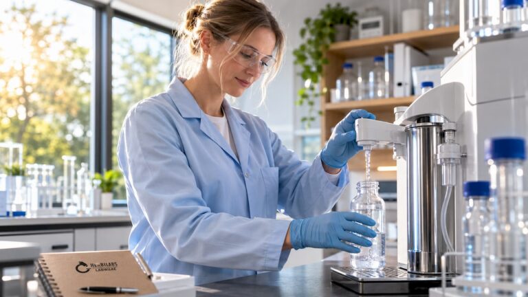 Eine Labormitarbeiterin entnimmt eine Probe von endotoxinfreiem Wasser.