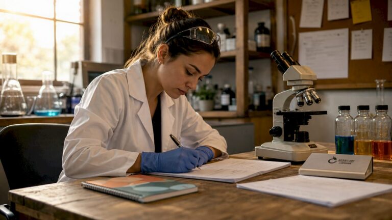 Lab technician completing quality compliance paperwork