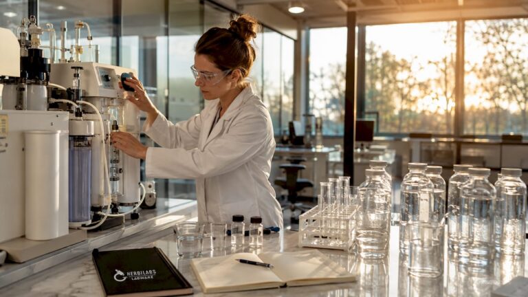 Un chercheur procède à des réglages sur un dispositif de traitement de l’eau.