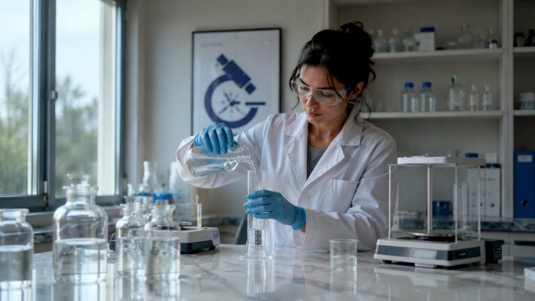 Técnico de laboratorio preparando una solución isotónica