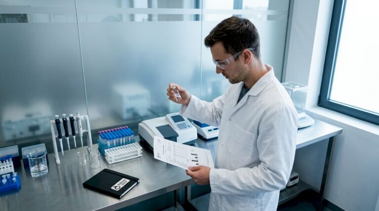Un investigador analiza detenidamente un certificado de análisis en el laboratorio.