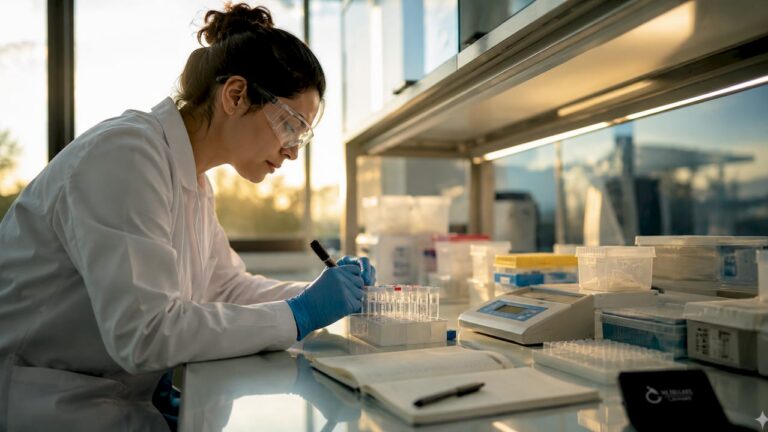Lab technician labeling reagent tubes carefully