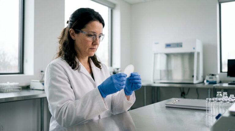 Un technicien de laboratoire contrôle minutieusement des filtres à membrane stériles pour garantir leur qualité.