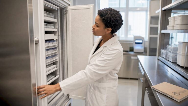 Lab technician inspecting ULT freezer