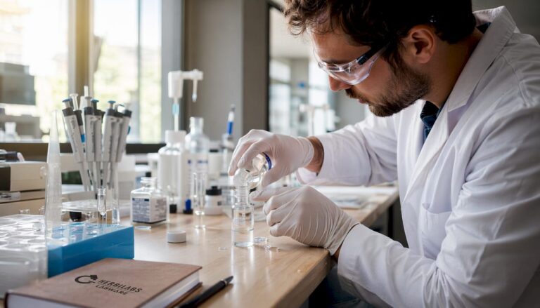 Un technicien s’affaire à la préparation de peptides au sein d’un laboratoire.