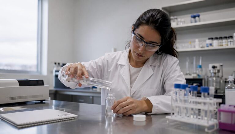 Investigador preparando una solución diluyente en el laboratorio