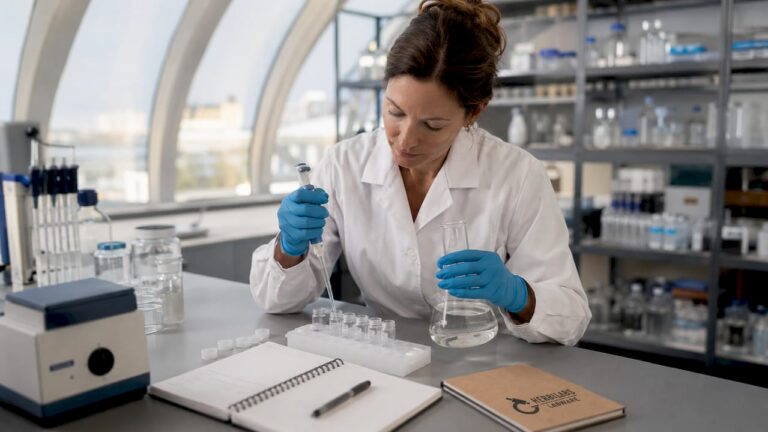 Eine Wissenschaftlerin pipettiert unter sterilen Bedingungen Wasser im Labor.