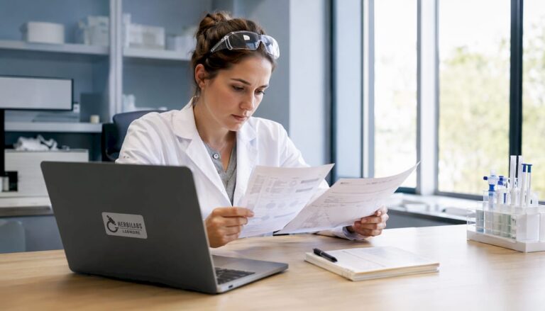 Un technicien consulte les fiches de sécurité relatives au stockage des peptides.