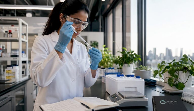 Scientist drawing bacteriostatic water with syringe