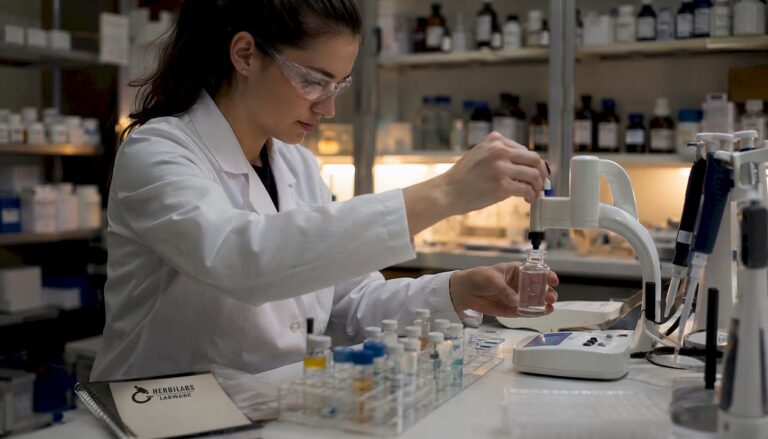Scientist filling vial with ultrapure water in peptide lab