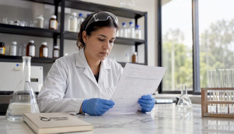 Técnica realizando la verificación del certificado de análisis en el laboratorio