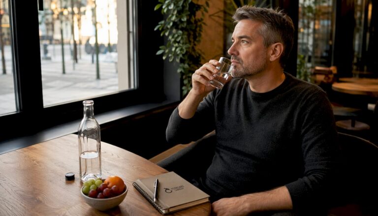 Ein Mann sitzt am Küchentisch und trinkt ein Glas destilliertes Wasser.