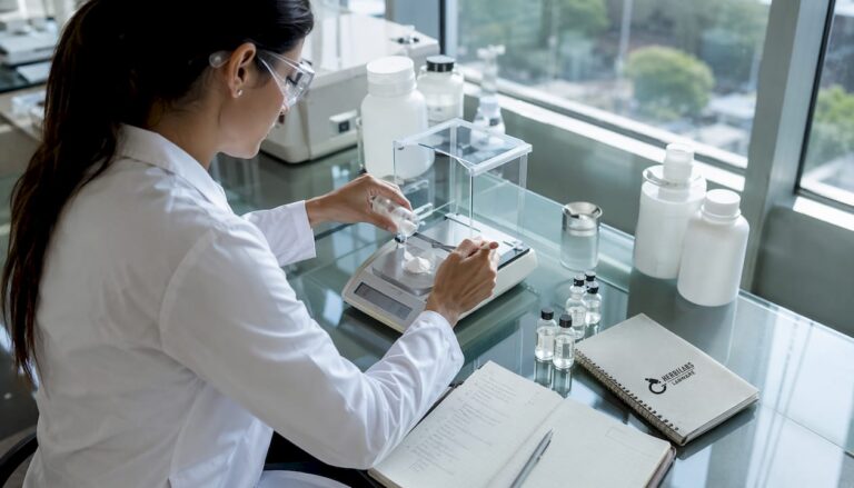 Scientist measuring USP grade reagent in lab