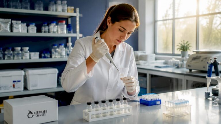 Eine Laborantin führt Versuche mit frisch aufgelöstem Peptid durch.