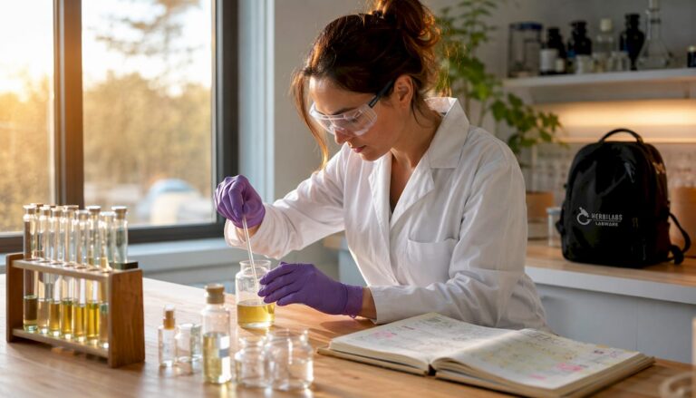 Especialista en química desarrollando y analizando conservantes en un laboratorio de cosmética.
