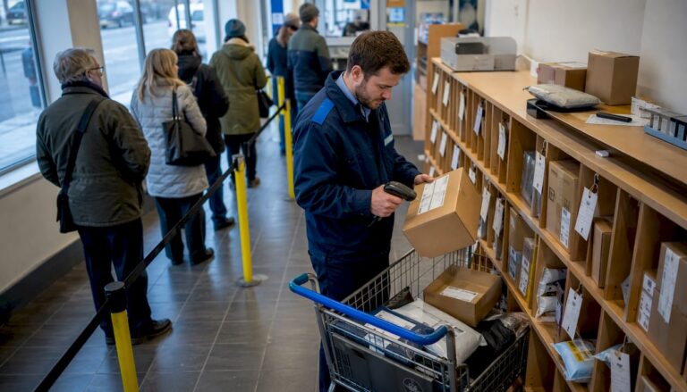 Un employé de La Poste scanne un colis à destination des États-Unis depuis le Royaume-Uni.