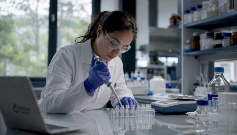 Lab technician pipetting endotoxin samples in lab